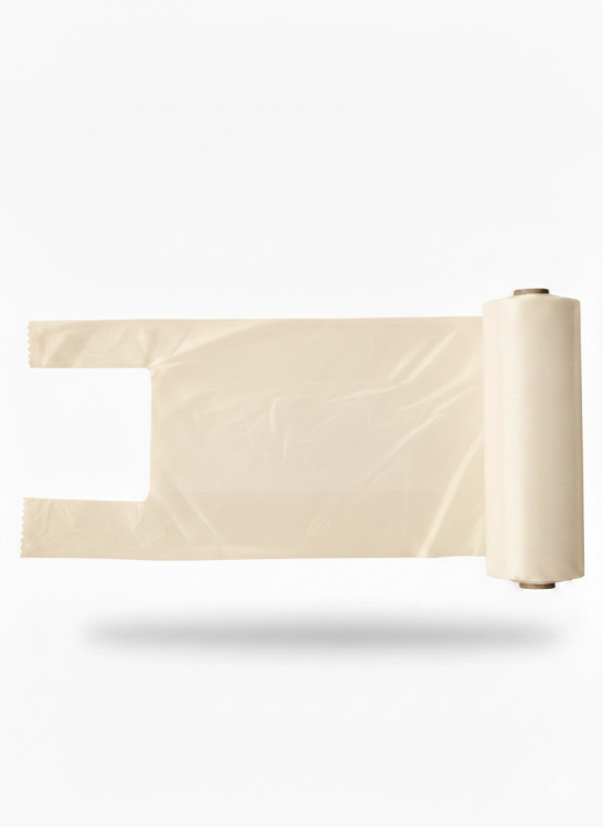 Zrywki typu T-shirt biodegradowalne i kompostowalne na rolce 22 × 45 cm 15 µm – 200 szt. mleczne